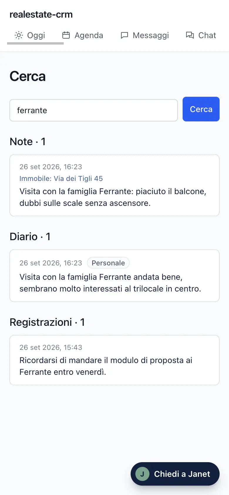 La schermata Cerca