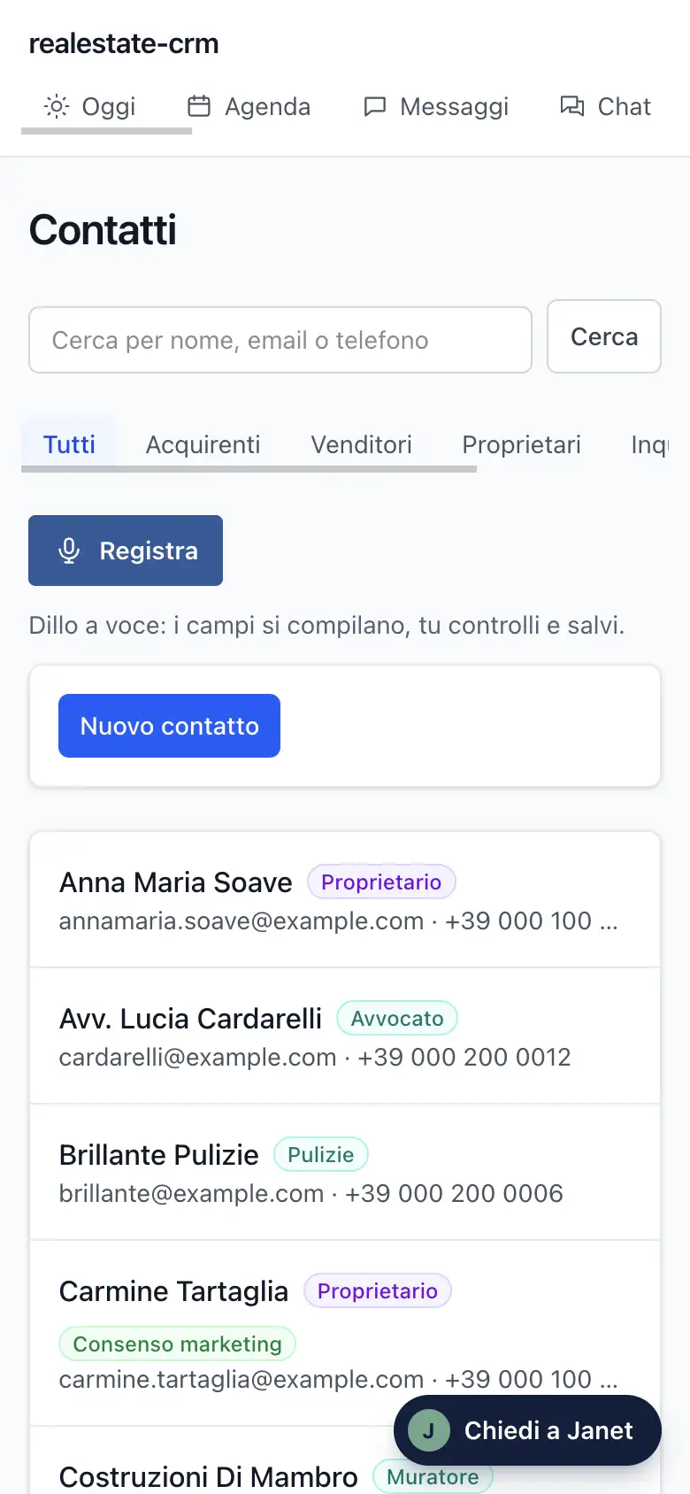La schermata Contatti