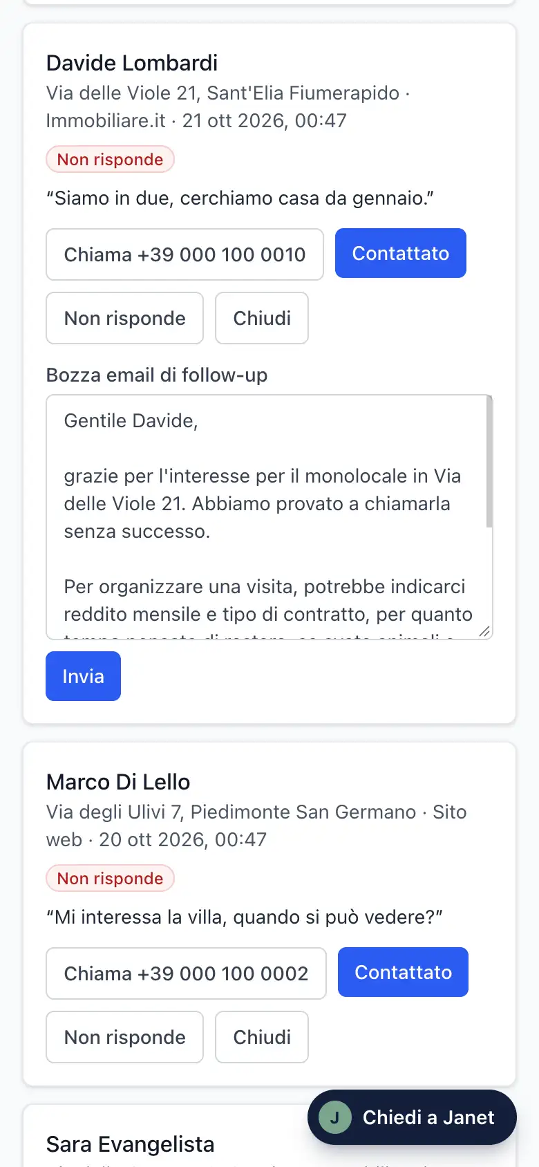 La schermata Da chiamare