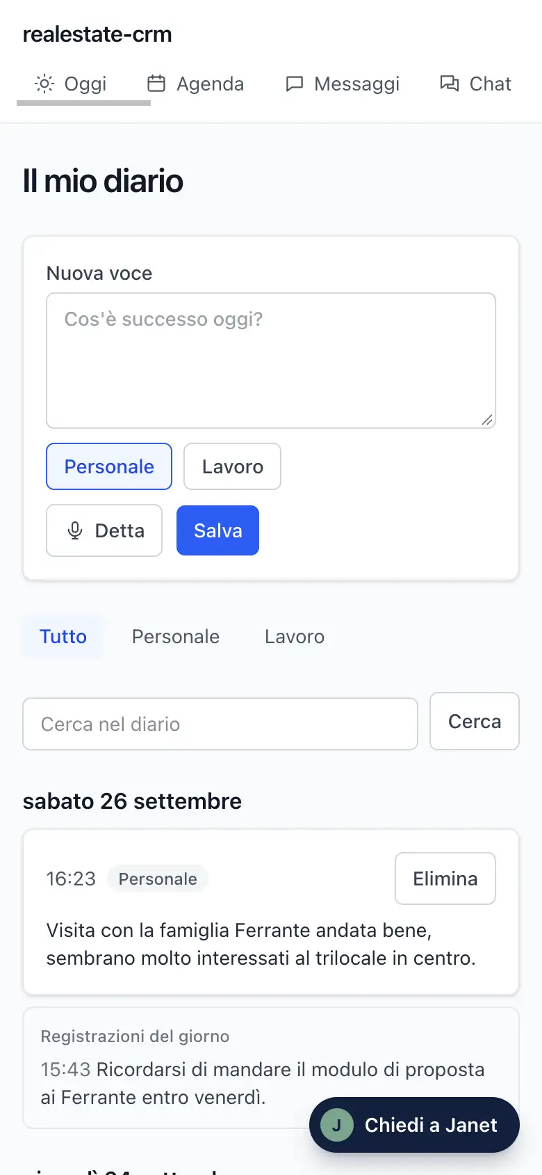 La schermata Il mio diario