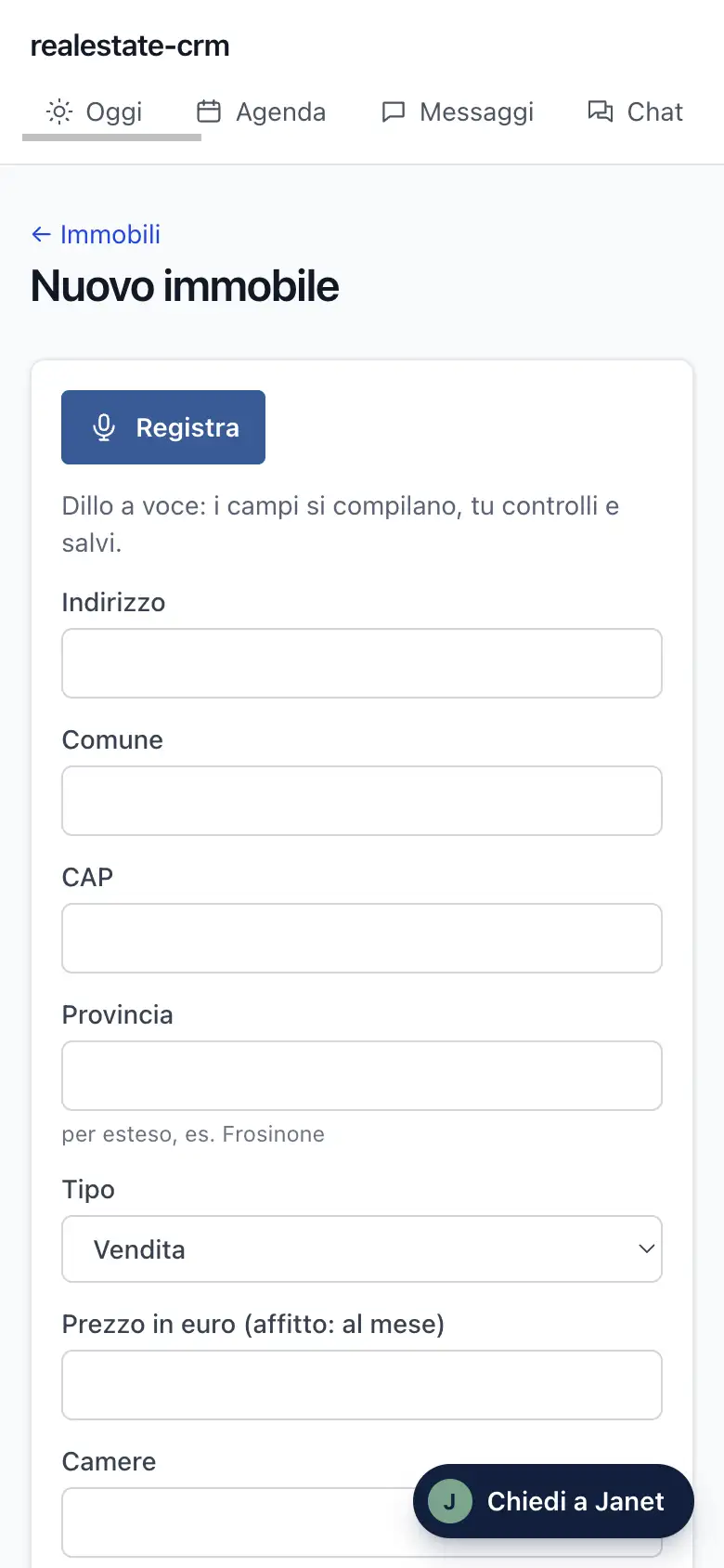 La schermata Nuovo immobile