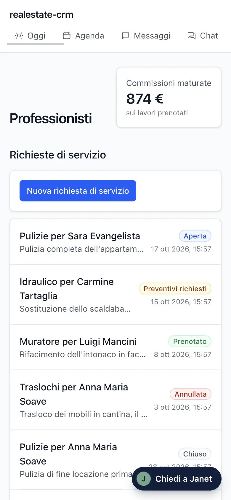 La schermata Professionisti