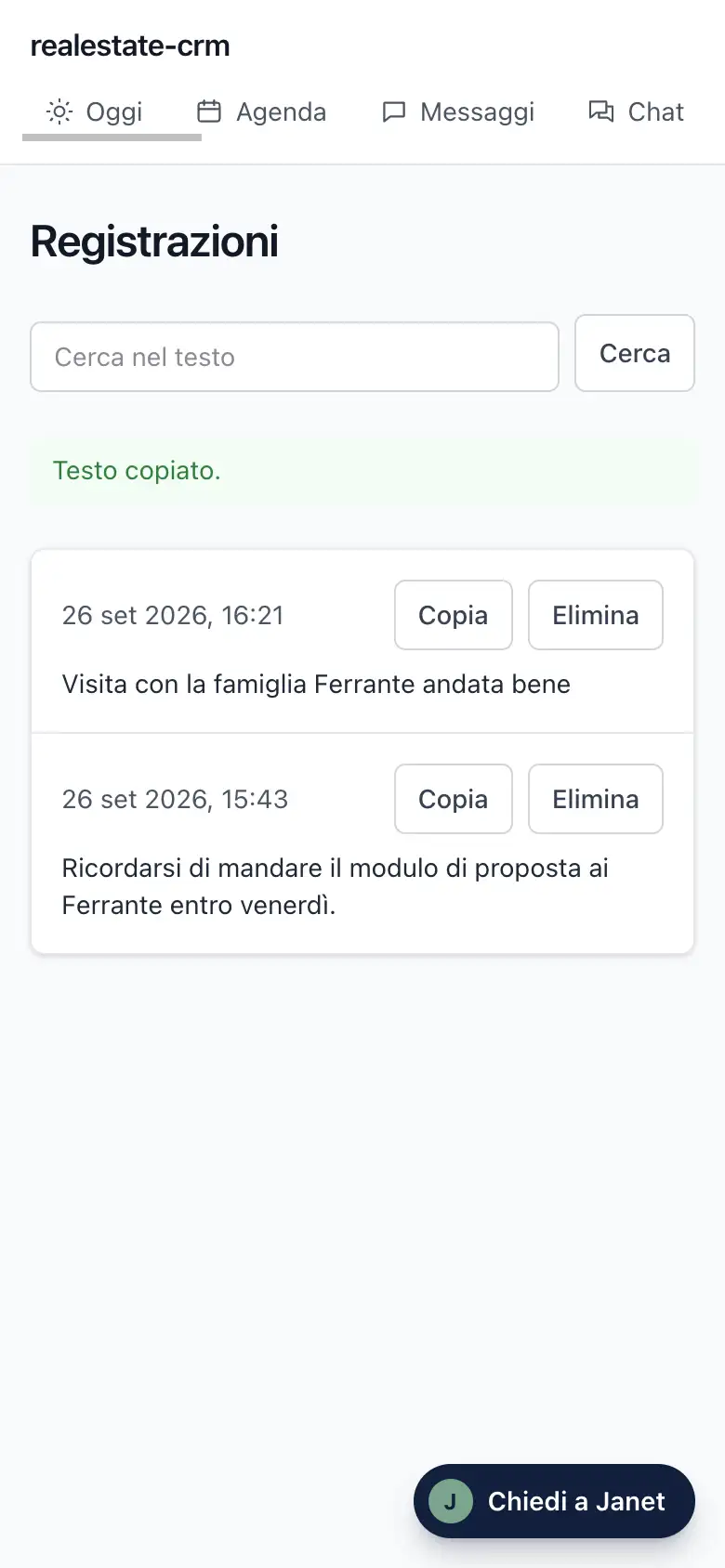 La schermata Registrazioni